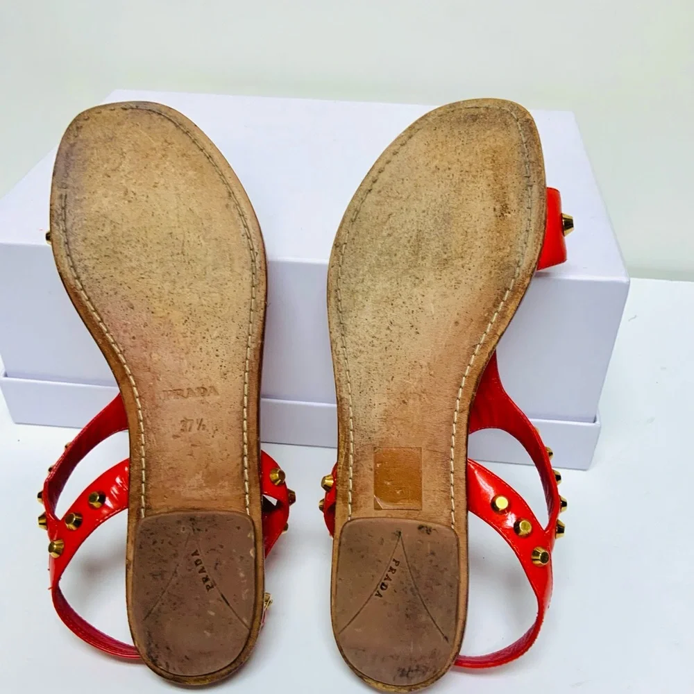 Prada red leather gold studded flat sandals 37.5